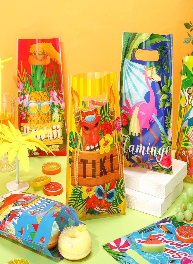 Perthlin 150 Pieces Luau Hawaiian Gift Bags for Kids Summer Tropical Party Favor Hawaiian Goodie Aloha Flamingo Plastic Treat Bags with Handles for Summer Goody Gift Party Supplies, 6 Styles - Image 4